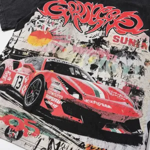 Vintage washed short sleeve t-shirt featuring a retro racing car graphic and bold typo.