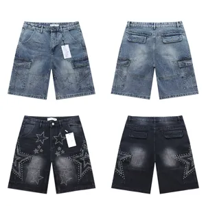 Men's Streetwear Denim Shorts Multi-Pocket Cargo Casual Five-Point Pants Rhinestone Star Pattern Washed Denim Shorts