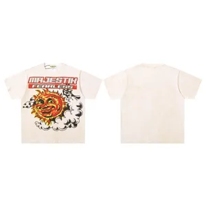 Vintage washed short sleeve t-shirt with retro sun graphic and bold typography for streetwear style.