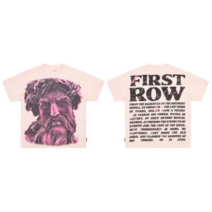 Pink graphic streetwear t-shirt for men and women featuring a Greek god print and bold text.