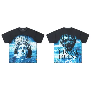 Washed black short sleeve t-shirt with blue classical statue graphic and letter print.