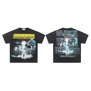 Vintage washed short sleeve t-shirt with retro UFO graphic print for men and women streetwear.