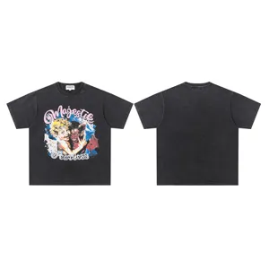 Vintage washed short sleeve t-shirt with graphic angel print and loose streetwear fit.
