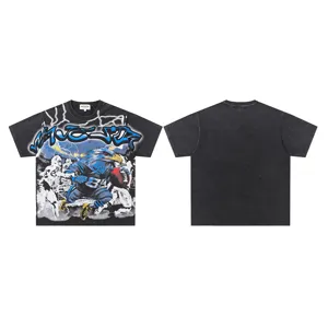 Vintage washed short sleeve t-shirt with eagle graphic and street graffiti print for streetwear style.