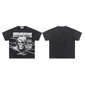 Vintage washed black short sleeve t-shirt with skull and graphic print for streetwear style.
