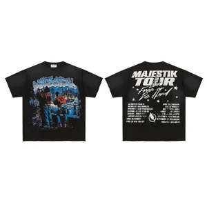 Vintage washed black short sleeve t-shirt with graffiti graphic and tour text streetwear style.