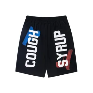 Pantaloncini streetwear neri casual con stampa grafica di testo, vestibilità comoda unisex.
