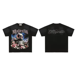 Detail view of black vintage washed graphic t-shirt featuring astronaut skeleton and roses.