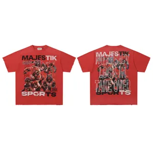 Red vintage streetwear graphic t-shirt with front and back bear and sports prints, loose fit.