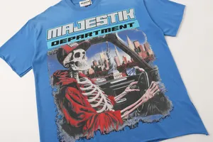 Blue vintage washed graphic short sleeve t-shirt with skeleton print for streetwear style