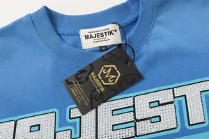 Blue rhinestone letter short sleeve t-shirt for men and women retro streetwear top