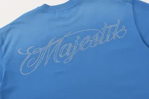 Back detail of blue high street short sleeve t-shirt featuring rhinestone script graphic design.