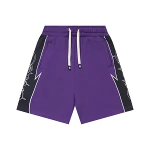 Casual purple shorts for men and women, high street style with color block side panels and drawstrings.