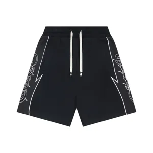 Black casual shorts featuring tribal side prints, elastic waistband, and white contrast drawstrings.