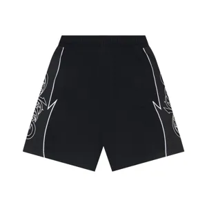 Men's black streetwear shorts with white piping, gothic side print, and elastic waist.