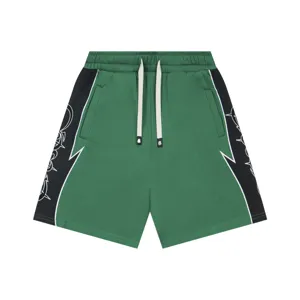 Green casual shorts with black side panels, elastic waist, and drawstring design details.