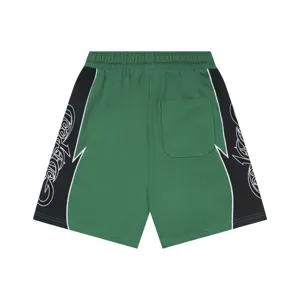 Side print color-block casual shorts with comfortable elastic waist and back pocket detail.