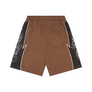 Brown streetwear shorts with contrast black side panels and gothic scroll print details.