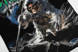 Detalle de camiseta grafica streetwear con un genial diseño de astronauta calavera espacial.