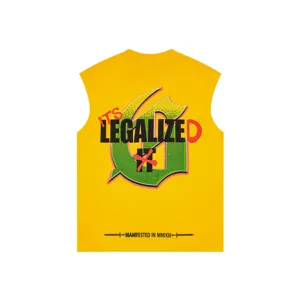 Detailed view of yellow sleeveless tank top back featuring striking rhinestone graphic text.