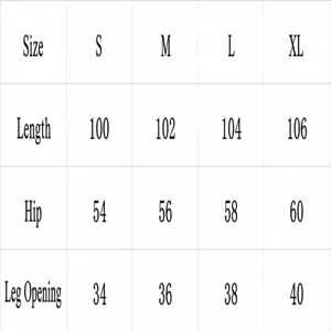 Detailed size chart displaying pants length, hip circumference, and leg opening measurements.