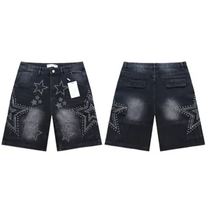 Dark grey washed denim cargo shorts with rhinestone star details, casual straight five-quarter.