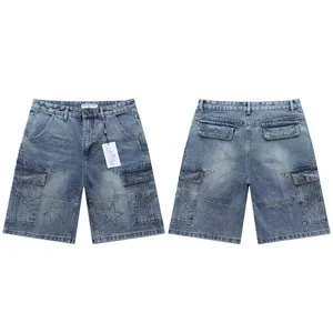 High street vintage wash denim shorts with rhinestone pentagram stars and multi pockets casual.