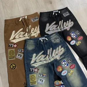 Casual τζιν παντελόνι streetwear ίσιας γραμμής με στρας για άνδρες και γυναίκες!