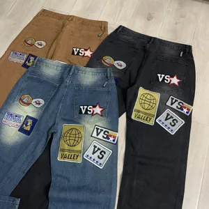 Ίσια τζιν streetwear με πολύχρωμα κεντημένα μπαλώματα για άνδρες και γυναίκες, casual