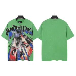 Vintage washed green short sleeve t-shirt with graphic print and gothic chest text.