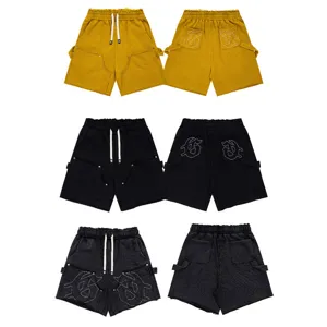 Men's Vintage Distressed Denim Shorts Casual Loose High Street Drawstring Five-Point Shorts Embroidery Bottoms