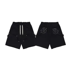 Black gothic embroidered casual shorts with elastic waist and metal details for men and women.