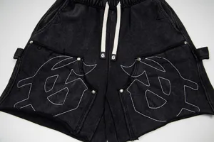 Washed black vintage casual shorts with drawstring and stylish stitch details for high street fashion.