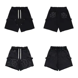 Washed vintage casual shorts with gothic embroidery, loose drawstring shorts for men and women.