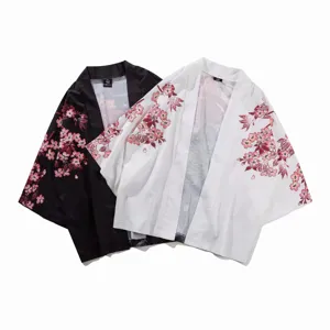 Japanese vintage ukiyo-e koi fish cherry blossom 3/4 sleeve kimono cardigan detail view.
