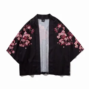 Japanese Vintage Cherry Blossom Koi Fish Print Kimono Cardigan 7/4 Sleeve Loose Casual Streetwear