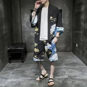 Japanese vintage ukiyo-e wave print kimono cardigan and shorts set, loose 3/4 sleeve streetwear.