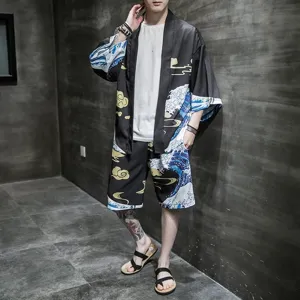 Detail view of Japanese retro ukiyo-e wave print kimono haori cardigan and shorts set.