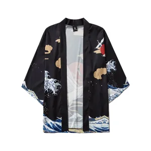 Japanese vintage ukiyo-e crane wave print 3/4 sleeve kimono cardigan loose streetwear