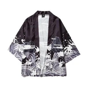 Japanese Ukiyo-e Wave Dragon Kimono Cardigan Seven-Quarter Sleeve Loose Casual Haori Shirt