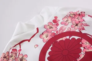 Close-up detail of Japanese vintage floral cardigan collar, traditional cherry blossom print fabric.
