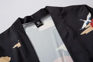 Japanese vintage crane print kimono cardigan detail shot, loose style yukata shirt top for men and women.