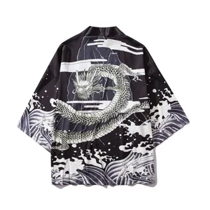 Japanese Dragon Ukiyo-e Wave Kimono Cardigan Loose 3/4 Sleeve Casual Mens Womens Streetwear Shirt