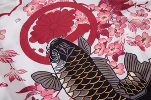Stunning Japanese retro Ukiyo-e style carp and cherry blossom printed fabric detail close-up.
