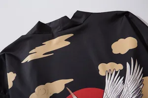 Japanese style vintage crane print black cardigan kimono haori lightweight open front shirt
