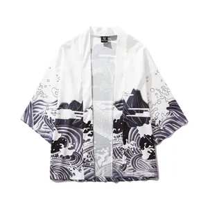 Japanese ukiyo-e wave dragon print three-quarter sleeve loose cardigan men women kimono haori shirt