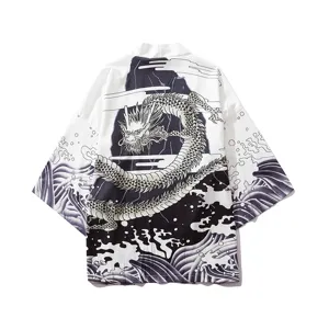 Japanese Ukiyo-e Chinese Dragon Waves Print 3/4 Sleeve Kimono Cardigan Shirt Detail