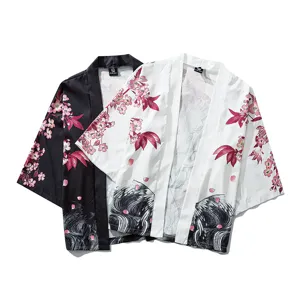 Japanese vintage cherry blossom print kimono cardigan open front casual loose top shirt