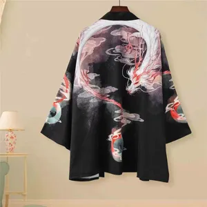 Detailed view of traditional Japanese style dragon print haori cardigan kimono back pattern.
