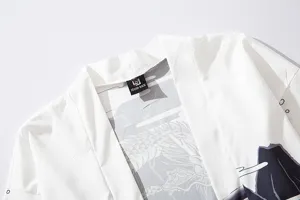 Japanese ukiyo-e dragon print cardigan detail view, loose 3/4 sleeve haori shirt for men and women.